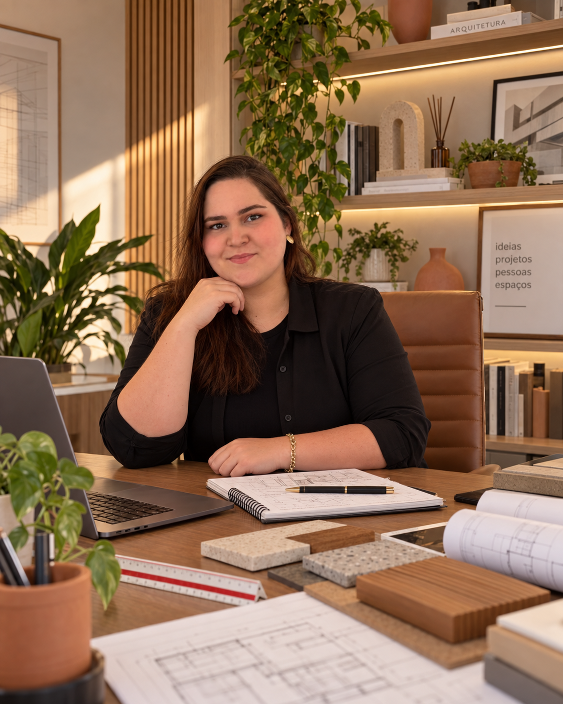 Barbara Lima sentada à mesa em um escritório com desenhos e materiais de arquitetura